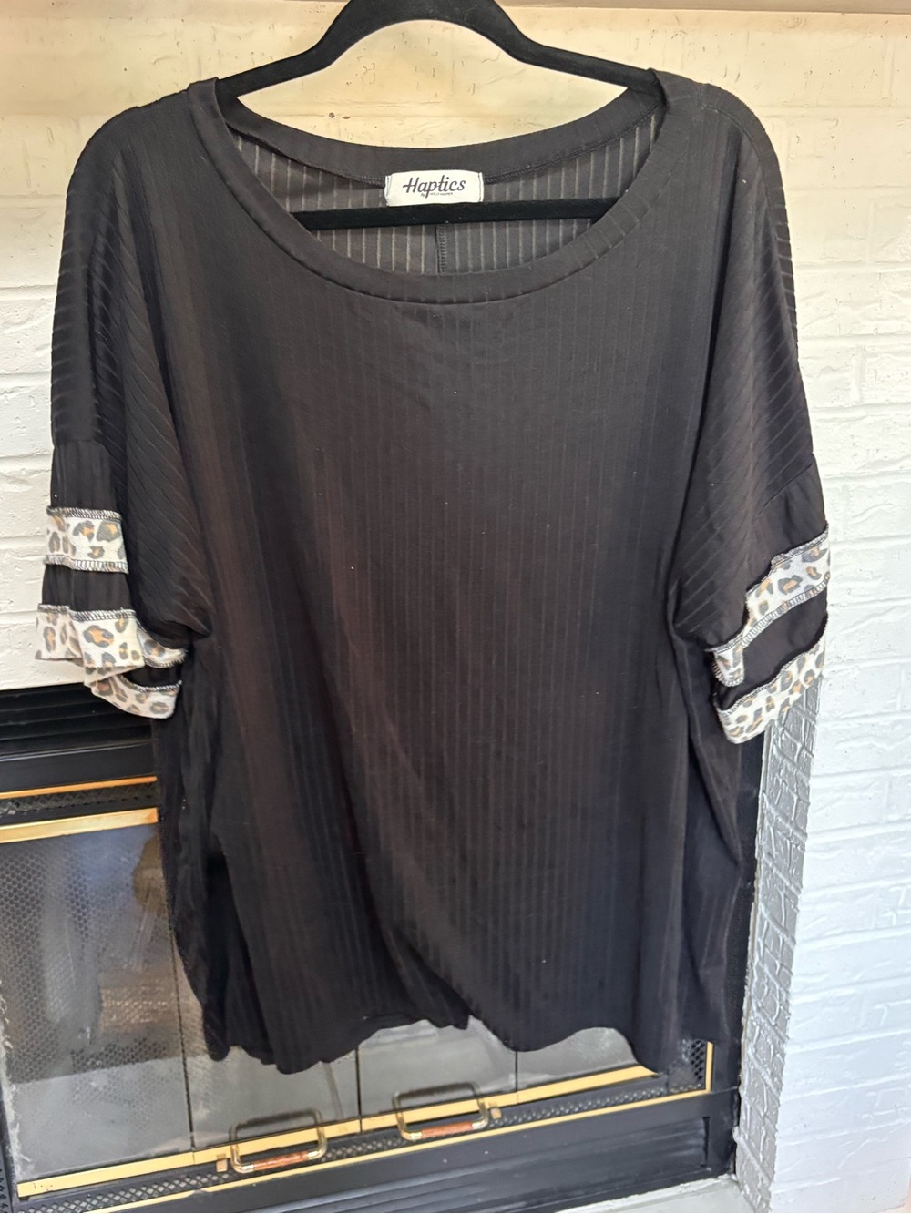 Haptics Black Short Sleeve Tee with Leopard-Print Sleeve Accents